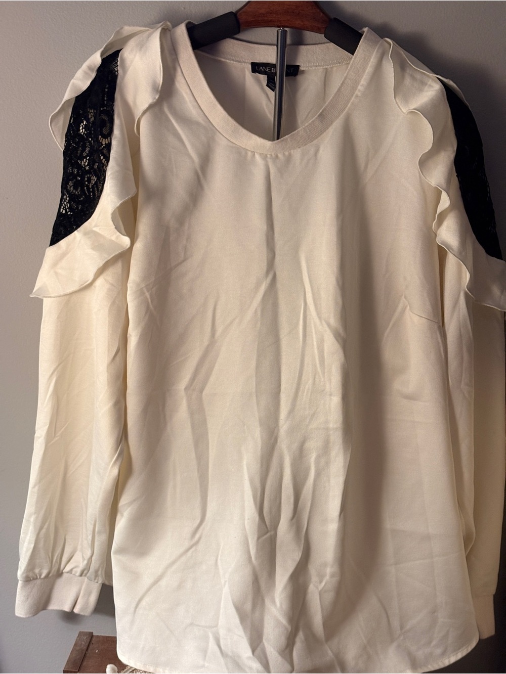 Lane Bryant Cream Long Sleeve Top with Black Lace Shoulders
